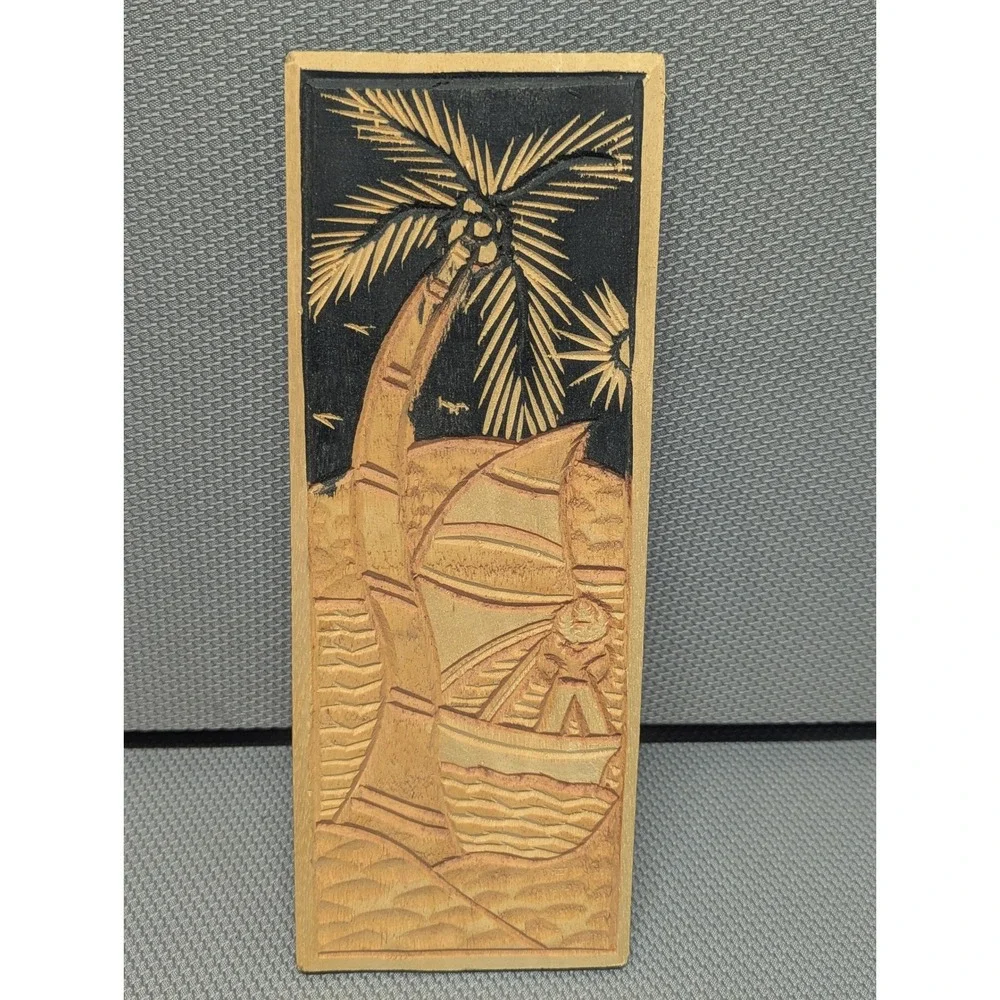 VTG Hand Carved Wood Tropical Palm Tree Sailboat Wall Plaque Art Relief Portugal